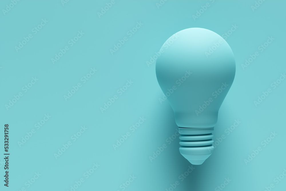 Blue light bulb on blue background. 3D rendering. Creative thinking, idea, innovation and inspiration concept Blue light bulb on blue background. 3D rendering. Creative thinking, idea, innovation and inspiration concept