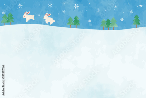 雪山とかわいい手描きのウサギの風景イラスト