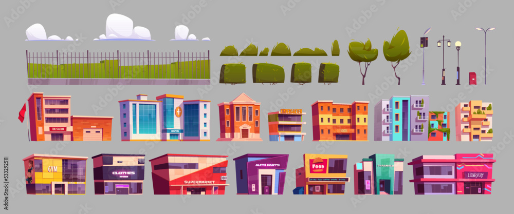 Modern city infrastructure elements set. Urban constructor kit of shopping mall, restaurant, library, pharmacy, hospital, school buildings, apartment houses, park plants. Cartoon vector illustration Modern city infrastructure elements set. Urban constructor kit of shopping mall, restaurant, library, pharmacy, hospital, school buildings, apartment houses, park plants. Cartoon vector illustration