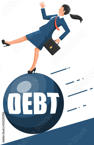 Businesswoman running away from big debt weight