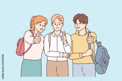 Portrait of happy students with backpack posing together showing thumbs up for good education. Smiling youth recommend college or university. Vector illustration. 