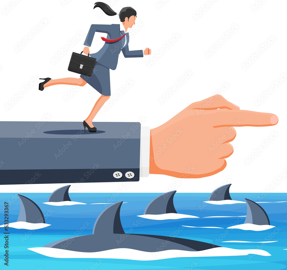 Businesswoman running on hand over shark in water. Businesswoman running on hand over shark in water.