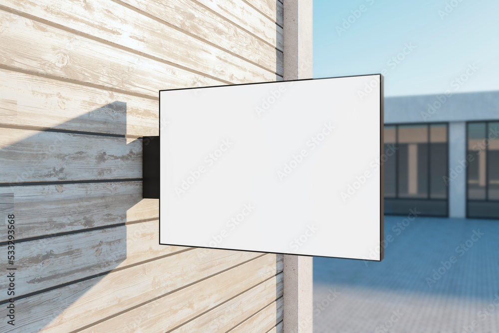 Empty rectangular white stopper on wooden building. Bright city with sunlight background. Ad, pub, cafe, or restaurant banner. Mock up, 3D Rendering. Empty rectangular white stopper on wooden building. Bright city with sunlight background. Ad, pub, cafe, or restaurant banner. Mock up, 3D Rendering.