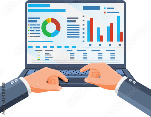 Laptop with statistical or analytical information.