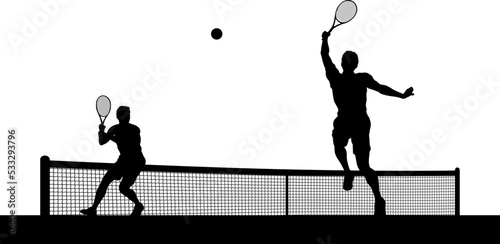 Tennis match silhouette scene with men players playing across net scene