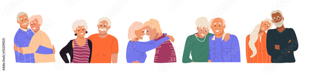 Collection of happy elderly couples. Cute hugging seniors men and women. Set of romantic mature people. International day of older persons, Grandparents, Valentine's concept. Flat vector illustration Collection of happy elderly couples. Cute hugging seniors men and women. Set of romantic mature people. International day of older persons, Grandparents, Valentine's concept. Flat vector illustration