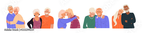 Collection of happy elderly couples. Cute hugging seniors men and women. Set of romantic mature people. International day of older persons, Grandparents, Valentine's concept. Flat vector illustration