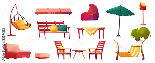 Cartoon garden furniture set on white. Wooden picnic table and chairs, hammock hanging between trees, bench, swing seat, birdhouse and umbrella for comfortable outdoor relax. Vector illustration