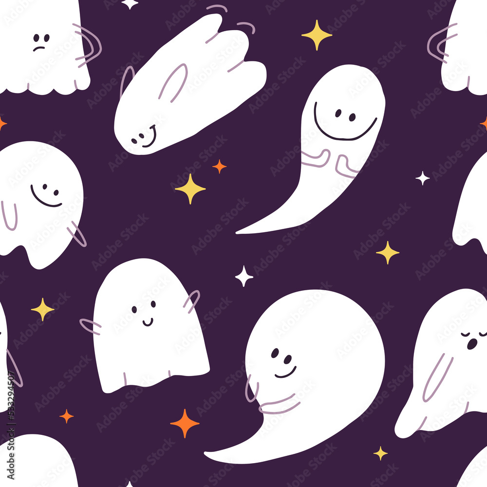 Halloween seamless pattern with cute ghosts, stars. Holiday background with happy spooks, spirits, phantoms. Helloween repeat print. Kids vector texture design with funny boo characters Halloween seamless pattern with cute ghosts, stars. Holiday background with happy spooks, spirits, phantoms. Helloween repeat print. Kids vector texture design with funny boo characters