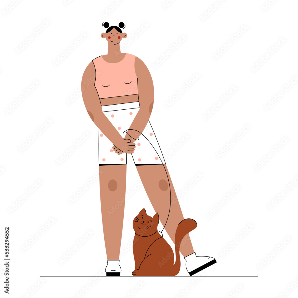 Cat owner. A young beautiful woman stays near her well chubby domestic cat. Cat owner. A young beautiful woman stays near her well chubby domestic cat.