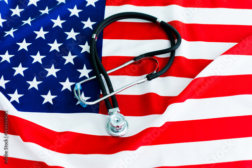 Closeup of stethoscope on american national flag