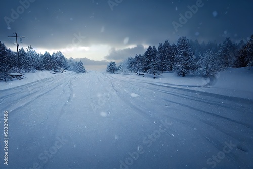 Winter landscape. Winter road and trees covered with snow. 3d render, Raster illustration. © Яна Деменишина