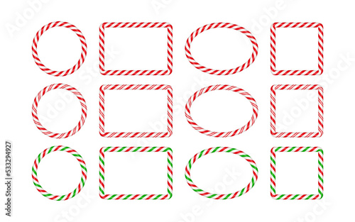 Christmas candy cane frames with red and green striped. Xmas circle, oval, square border with striped candy lollipop pattern. Blank christmas template. Vector illustration isolated on white background