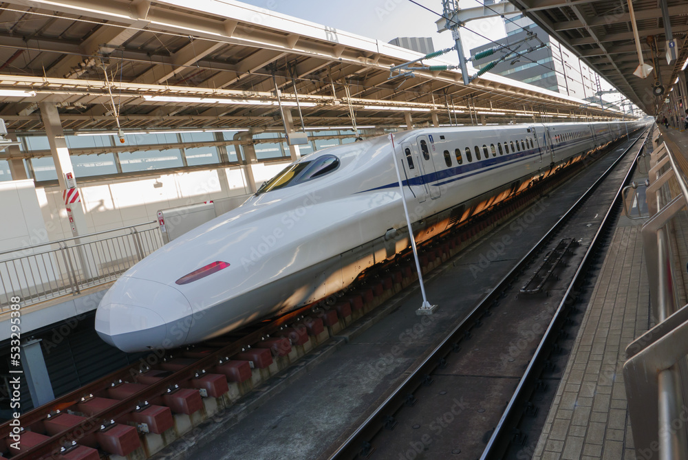 SHINOSAKA, JAPANCIRCA 2018 Shinkansen N700A series at ShinOsaka station platform. First