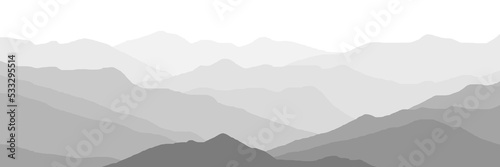 Mountain ranges in the morning haze, black and white landscape, banner