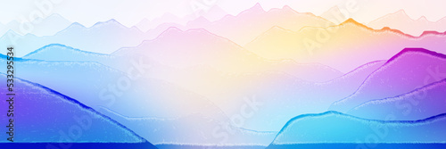 Sunrise in the mountains, ranges in the morning fog, panoramic view, multicolor background