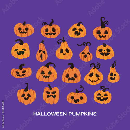Set of Happy Halloween pumpkins smiles on purple background. Flat style vector design elements.