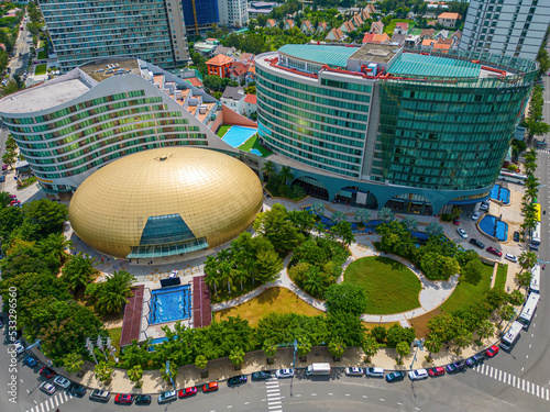 VUNG TAU, VIETNAM, SEP 24 2022 - Drone View of Pullman luxury hotel in Vung Tau. The hotel was designed by maverick, iconoclast and visionary architect.