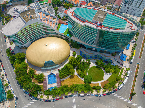 VUNG TAU, VIETNAM, SEP 24 2022 - Drone View of Pullman luxury hotel in Vung Tau. The hotel was designed by maverick, iconoclast and visionary architect.