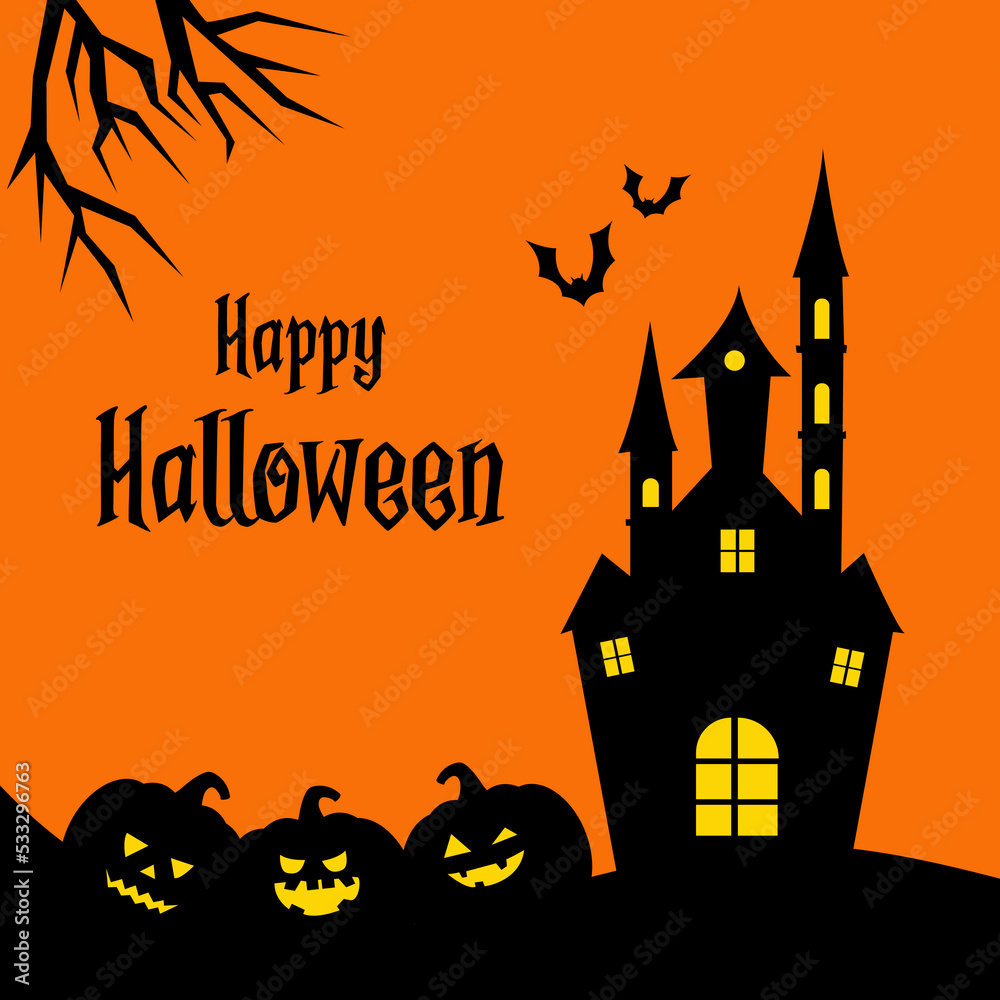 Happy Halloween background with pumpkins, with castle, with bats, orange