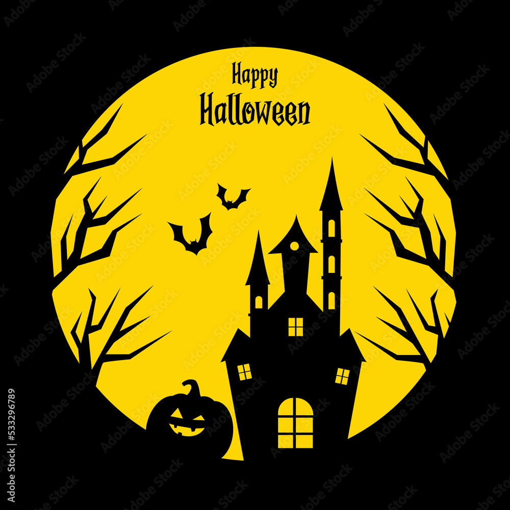 Happy Halloween card, background with pumpkin, castle and bats