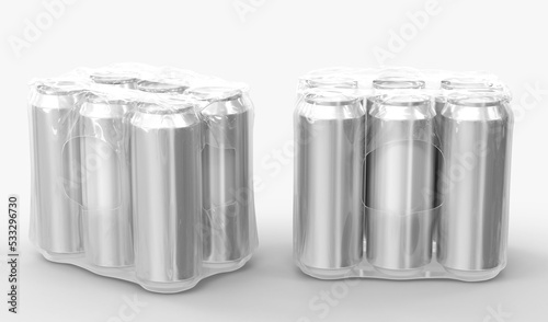 Tin cans for beer or soda in plastic wrap, front and angle view. Realistic mockup set of six metal jars in shrink film, aluminium drink bottles in transparent pack on white background