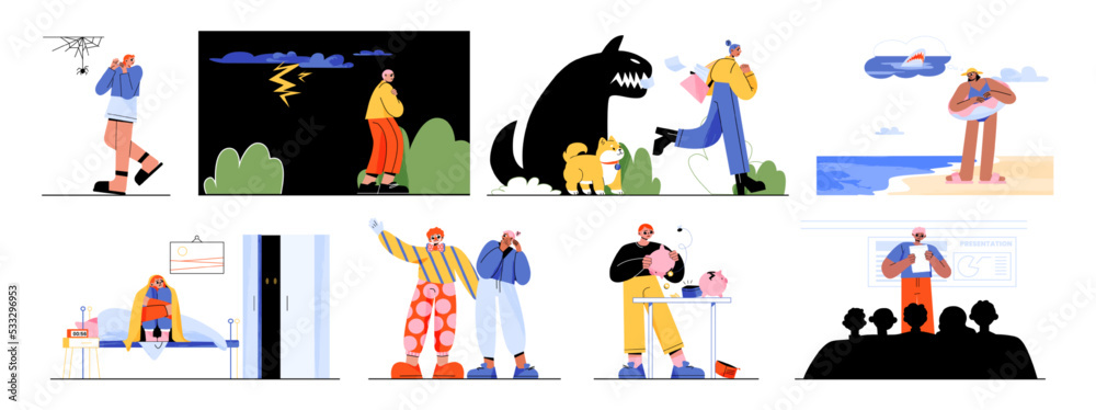 Obraz premium People with different phobias, fear of dogs, lightning, spiders and clowns. Characters afraid of darkness at night, sharks in sea, poverty and public speech, vector flat illustration