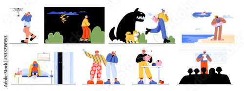 People with different phobias, fear of dogs, lightning, spiders and clowns. Characters afraid of darkness at night, sharks in sea, poverty and public speech, vector flat illustration