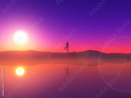 3D sunset landscape with silhouette of a female in a yoga position