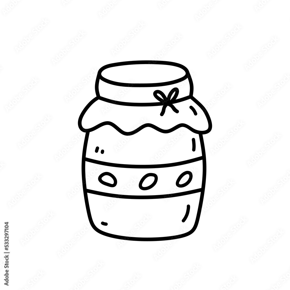 Cute jar of jam isolated on white background. Vector hand-drawn illustration in doodle style. Perfect for cards, logo, decorations, recipes, menu, various designs. Cute jar of jam isolated on white background. Vector hand-drawn illustration in doodle style. Perfect for cards, logo, decorations, recipes, menu, various designs.