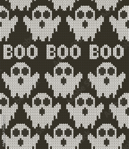 Knitted jacquard ornament with ghost and boo seamless pattern. Halloween vector illustration.