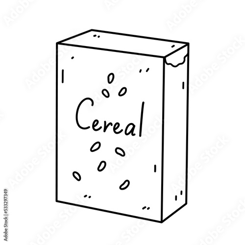 Cereal box isolated on white background. Corn flakes package, food for breakfast or for a snack. Vector hand-drawn illustration in doodle style. Perfect for cards, decorations, logo, menu, recipes.