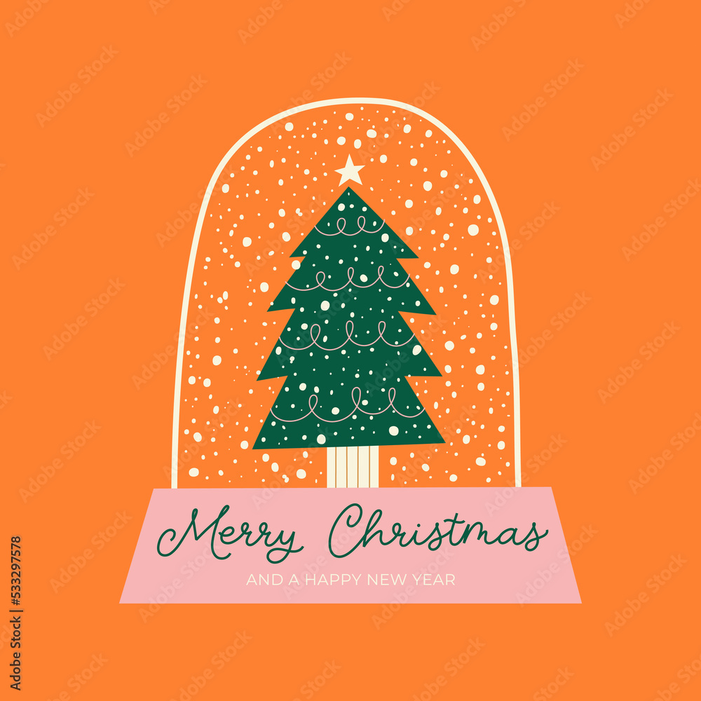 Hand Drawn Christmas greeting card with snow globe. Handwritten text Merry Christmas. Hand Drawn Christmas greeting card with snow globe. Handwritten text Merry Christmas.