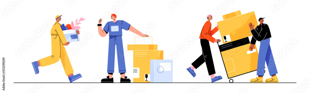 Service of house or office move, cargo delivery with loaders. Men movers, warehouse workers or couriers carry cardboard boxes and push hand truck, vector flat illustration Service of house or office move, cargo delivery with loaders. Men movers, warehouse workers or couriers carry cardboard boxes and push hand truck, vector flat illustration