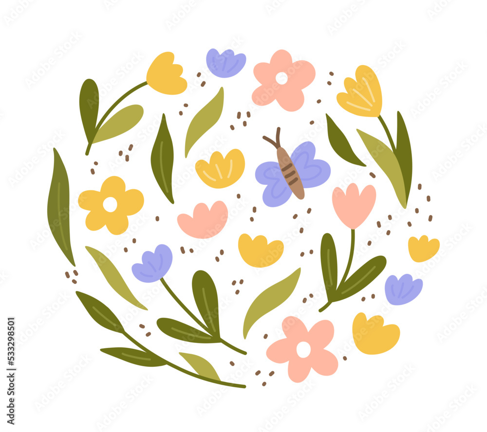 Cute color doodle flowers, leaves and butterfly isolated on white background. Vector illustration in hand-drawn flat style. Perfect for cards, logo, decorations, various designs. Botanical clipart.