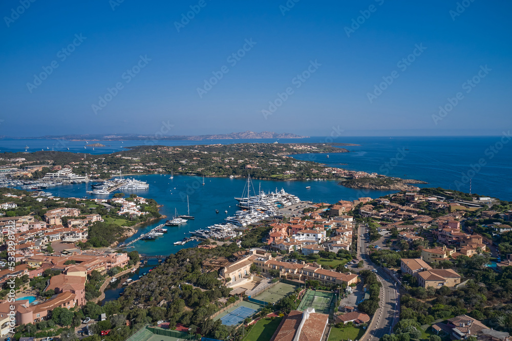 Aerial View of Porto Cervo, Italian seaside resort in northern Sardinia, Italy. Drone view Centre of Costa Smeralda. One of the most expensive resorts in the world.