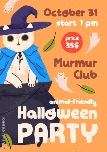 Halloween holiday poster design with cute cat in witch hat. Helloween flyer c...