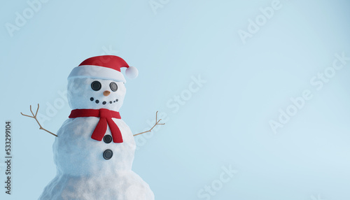 concept of Christmas white happy snowman with red scarf and Santa hat on blue background. 3D Illustration © boommaval
