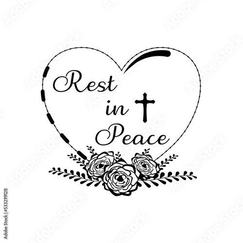 Fotografija Vector - Wording Rest in Peace with cross, rose bouquet on heart shape