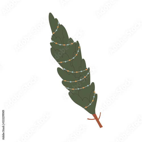 Christmas fir tree tied with rope, string. Xmas live firtree for winter holiday. Traditional undecorated festive spruce for New Year. Flat vector illustration isolated on white background