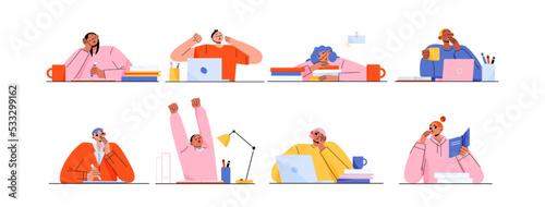 Tired and bored students feel sleepy. Diverse young characters yawn and sleep sitting at table with books, coffee and laptops, vector flat illustration isolated on white background