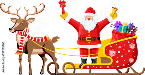 Santa Claus on Sleigh Full of Gifts and His Reindeers