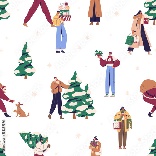 Seamless Christmas lifestyle pattern with happy people, fir trees, shopping b...