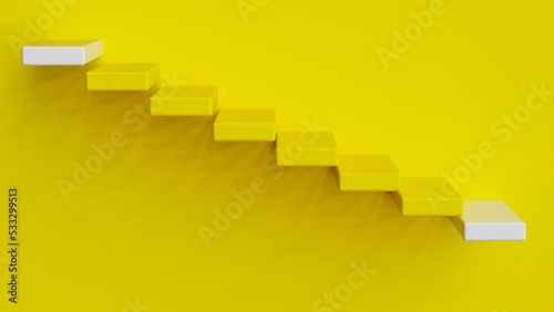 Yellow stairs leading to white top and bottom step under yellow background. Concept 3D CG of success process, cramming for exams and road to wealth.