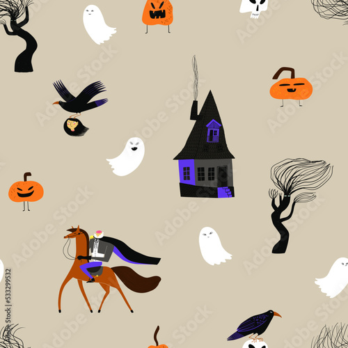 Spooky seamless pattern with Halloween symbols