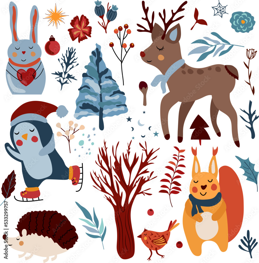 Magic winter animals, cute penguin on skates, reindeer, funny squirrel, Christmas tree, hedgehog, colorful leaves and flowers. Scandinavian animals. Perfect for greeting cards, poster, banner. Vector Magic winter animals, cute penguin on skates, reindeer, funny squirrel, Christmas tree, hedgehog, colorful leaves and flowers. Scandinavian animals. Perfect for greeting cards, poster, banner. Vector