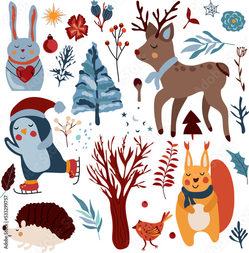 Fototapeta Naklejka Na Ścianę i Meble -  Magic winter animals, cute penguin on skates, reindeer, funny squirrel, Christmas tree, hedgehog, colorful leaves and flowers. Scandinavian animals. Perfect for greeting cards, poster, banner. Vector
