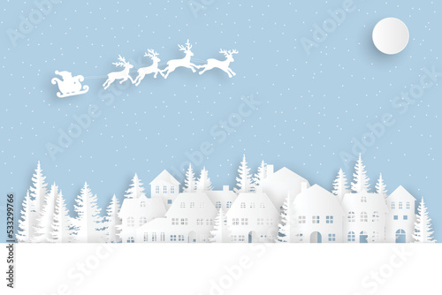 winter landscape with snow and trees. Santa Flying in the night on christmas. Winter lanscape with house, snow and tree. Paper cut vector design. The house in winter is covered with snow.