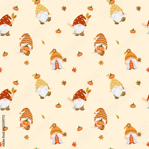 Vector - Abstract seamless pattern of cute Gnome holding pumpkin, maple leaves on autumn background. Fall season. Can be use fir print, paper, fabric, wrapping.