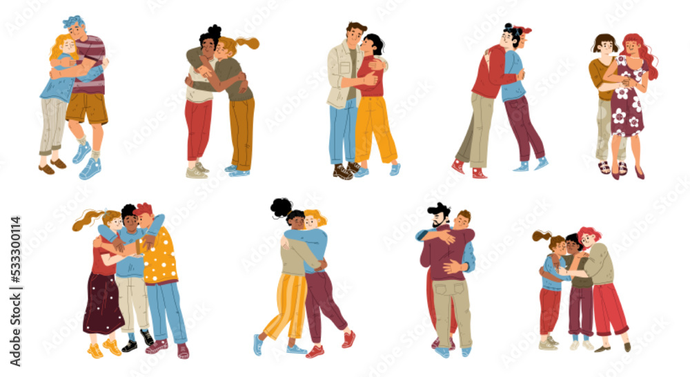 Happy friends and couples hug. Concept of friendship, positive emotions, good relationships. Diverse adult people and kids embraces isolated on white background, vector flat illustration